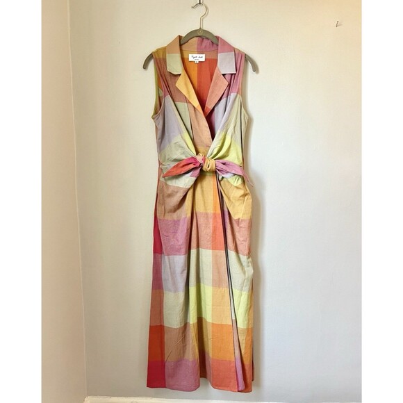 Rujuta Sheth Emily Jupiter Chex Collared Tie Front Dress Madras Cotton M - Picture 2 of 12